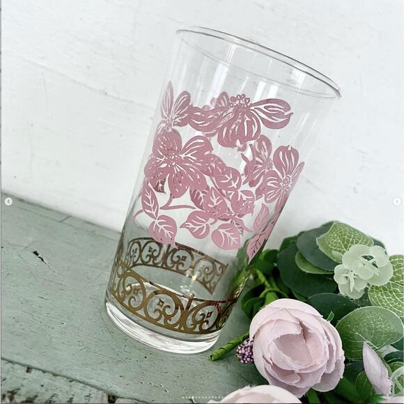 Vintage Federal Glass Tumbler Pink Dogwood Flower MCM Glassware Valentine SET 6 - Picture 4 of 10